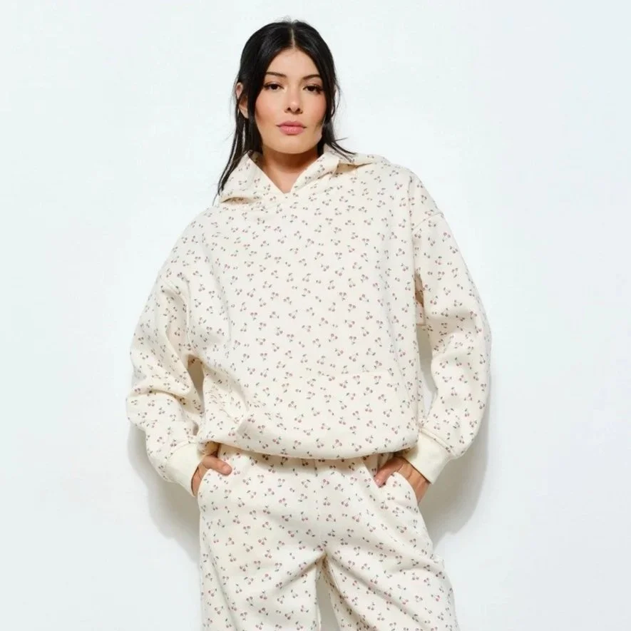 Beverly Cherry Print Hoodie Cream