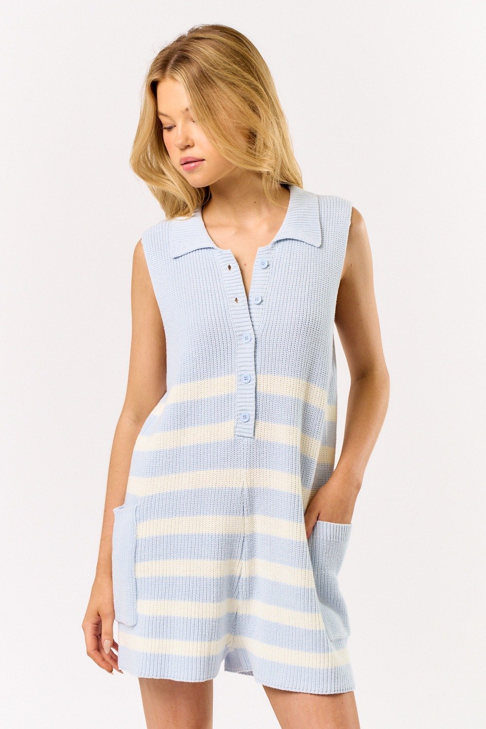 Collared Sweater Romper Pale Blue Stripe