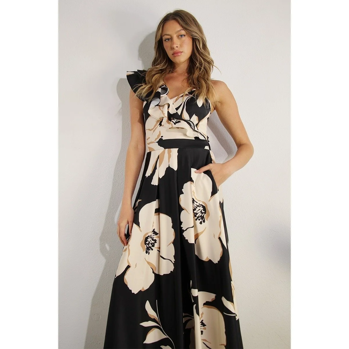 Ruffle Shoulder Floral Gown Black