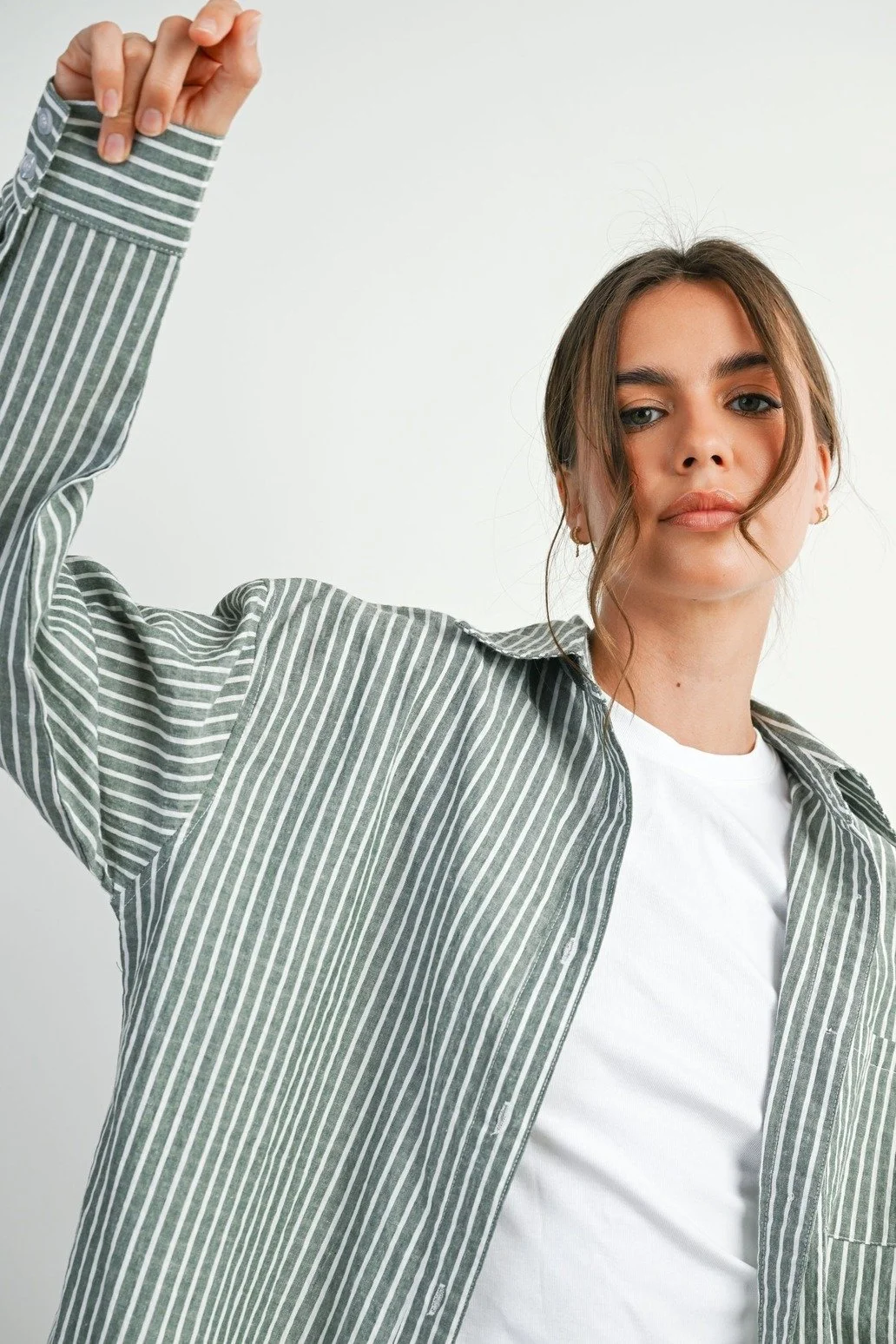 Collared Button Up Top Sage Stripe
