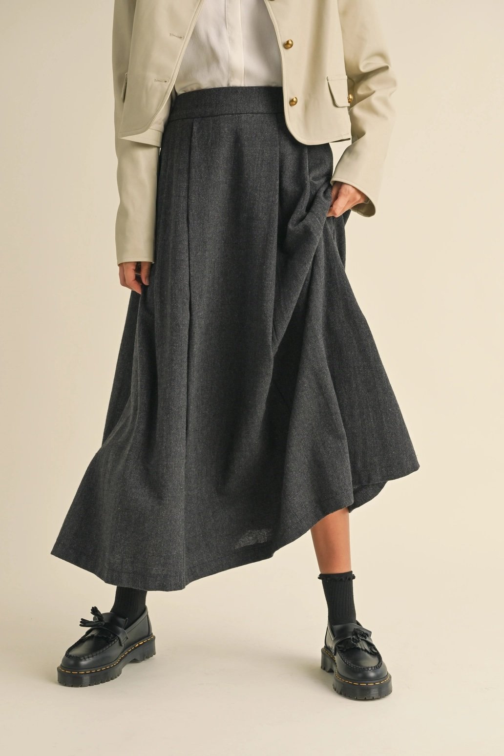 Pleated Tweed Midi Skirt Charcoal