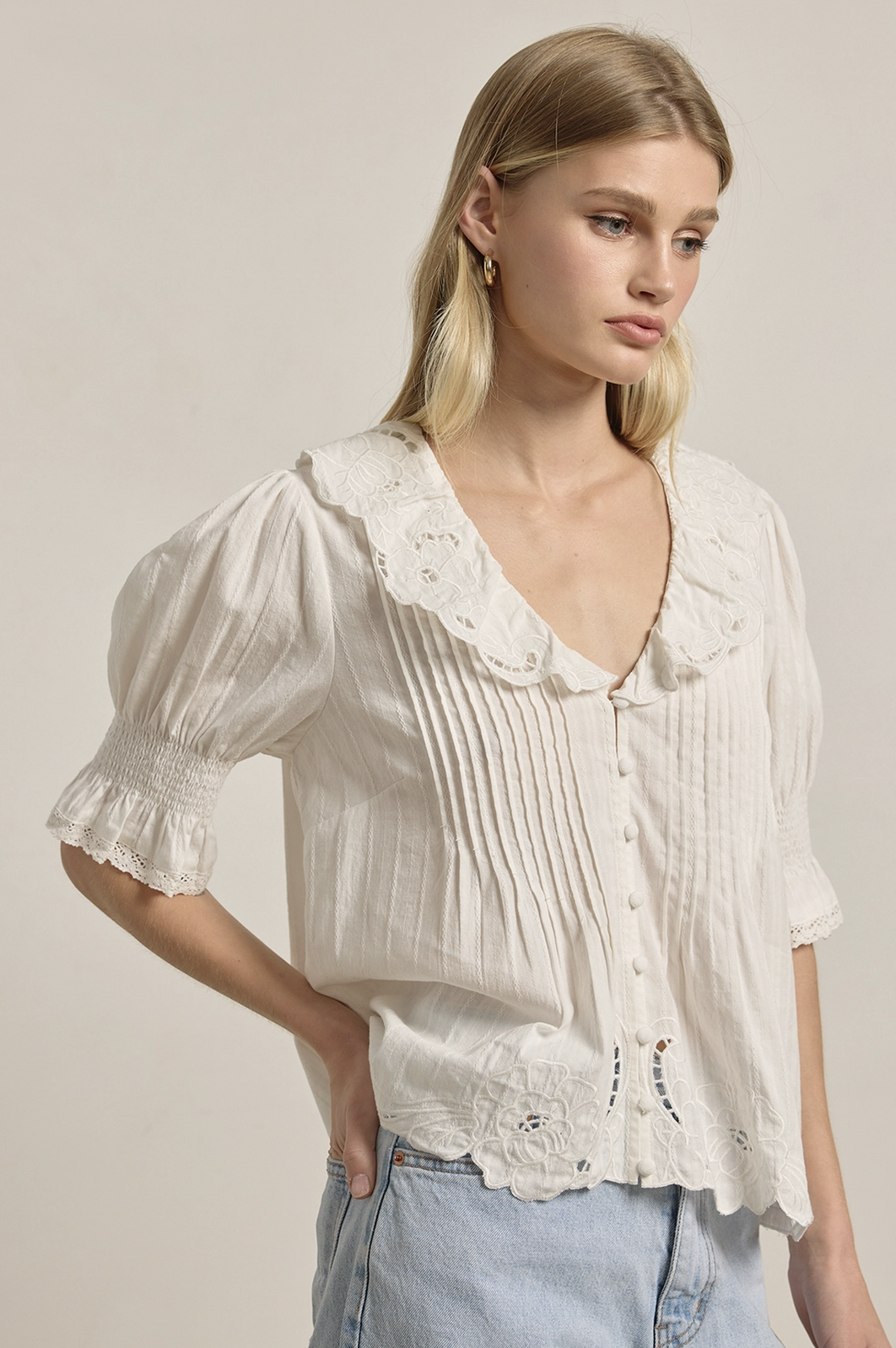 Embroidered Ruffle Collar Blouse - Ivory