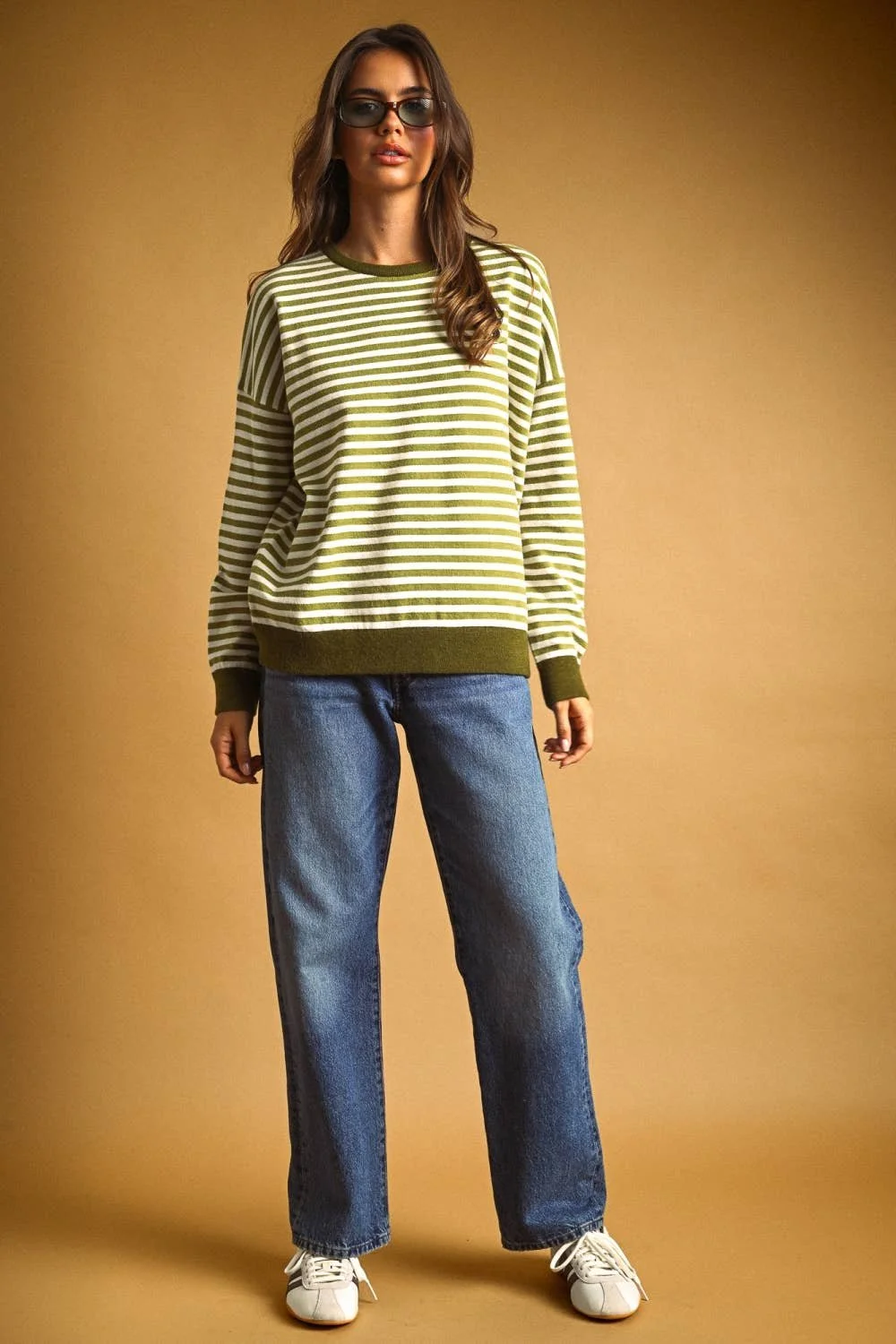 Contrast Trim Striped Sweater Sage & Ivory