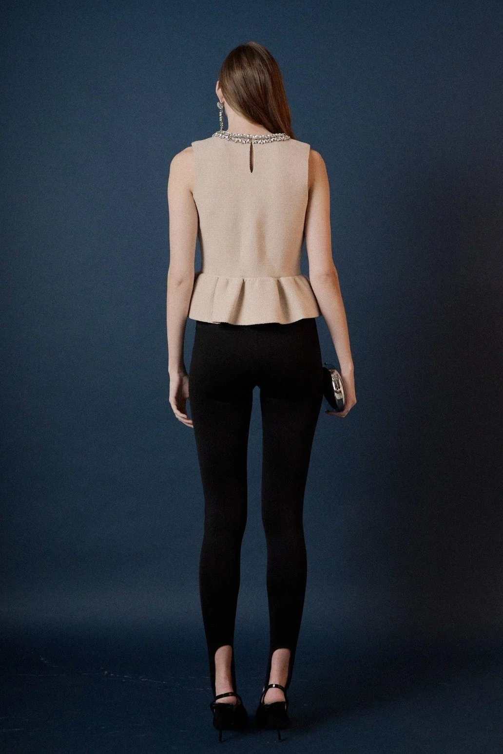 Jewel Trim Neck Peplum Knit Top Beige