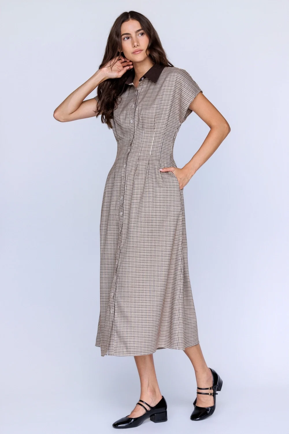 Pinch Pleat Collared Button Down Midi Dress Houndstooth