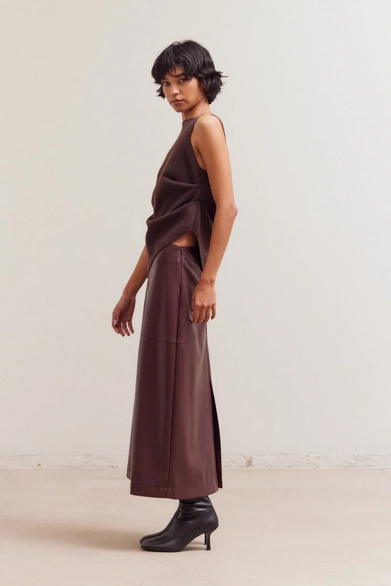 Unbalanced Sleeveless Knit Top Dark Chocolate