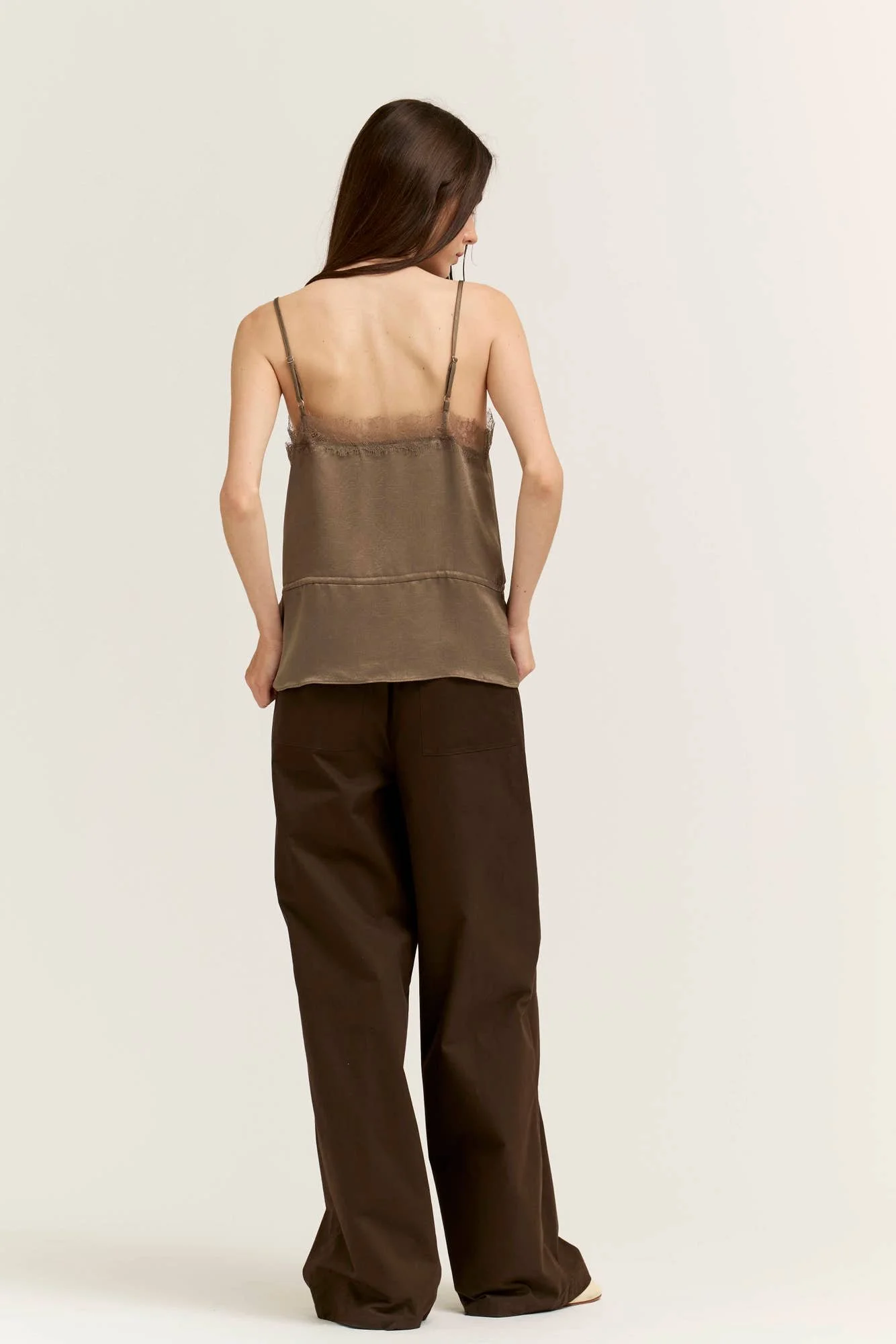 Crinkle Satin & Lace Slip Top Mushroom Taupe