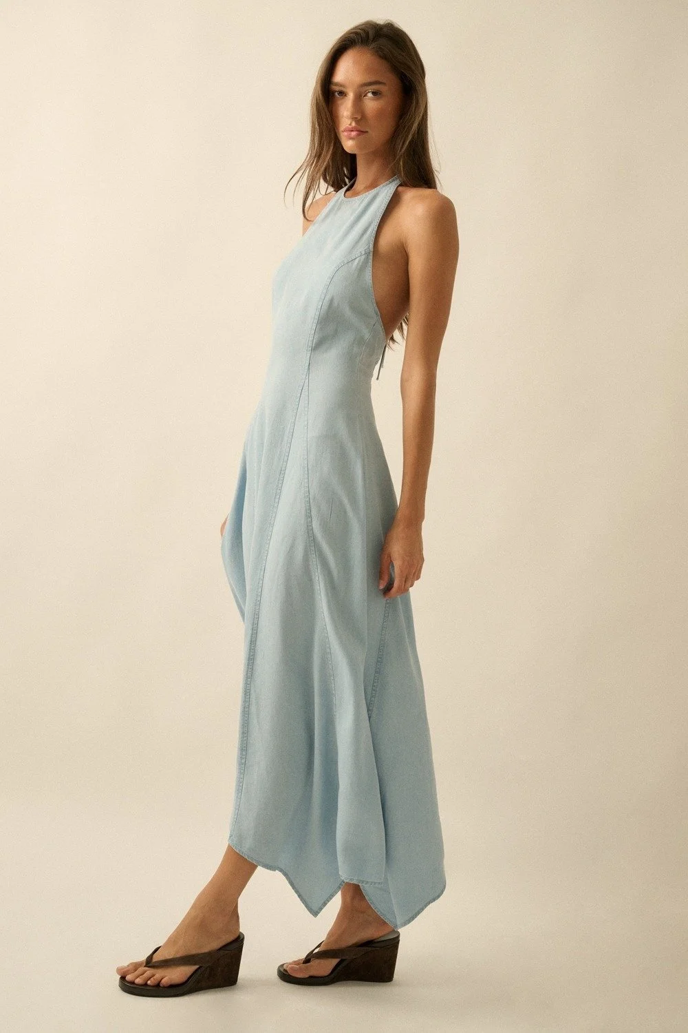 Halter Handkerchief Maxi Dress Chambray