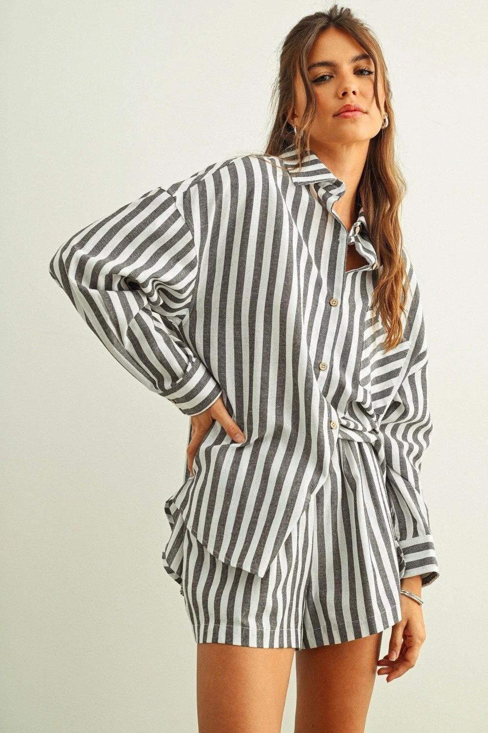Linen Collared Button Down Black & White Stripe