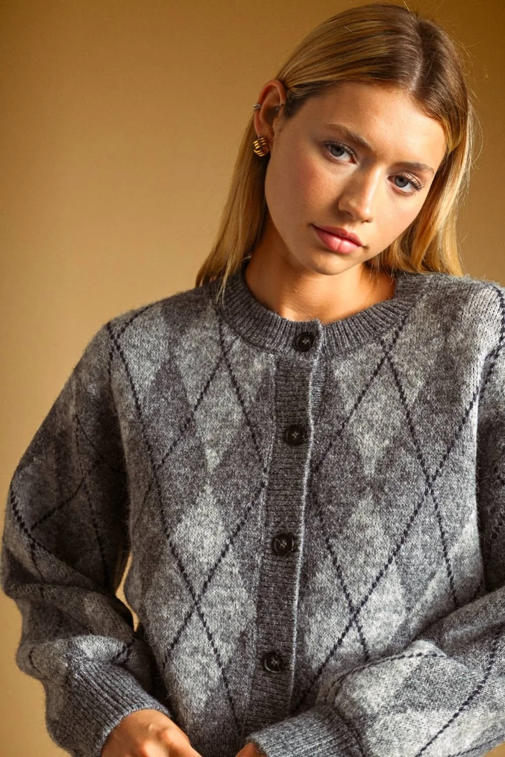 Argyle Button Front Cardigan Heather Gray