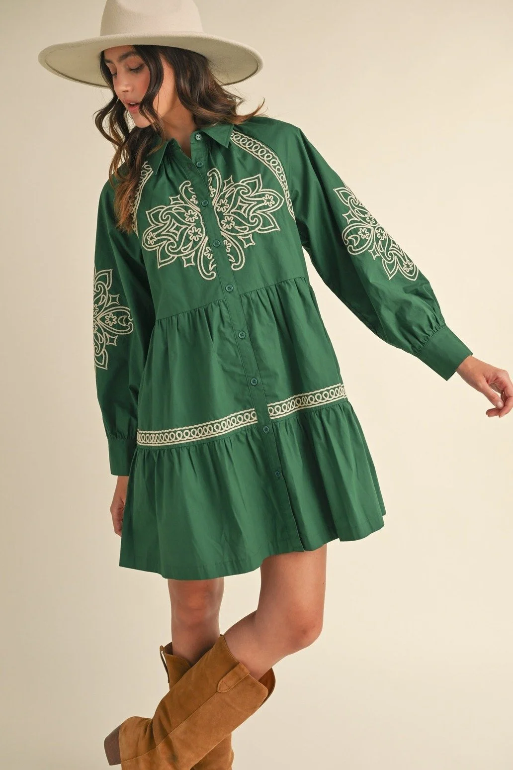 Embroidered Button Down Mini Dress Kelly Green