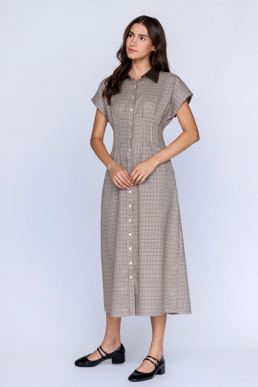 Pinch Pleat Collared Button Down Midi Dress Houndstooth