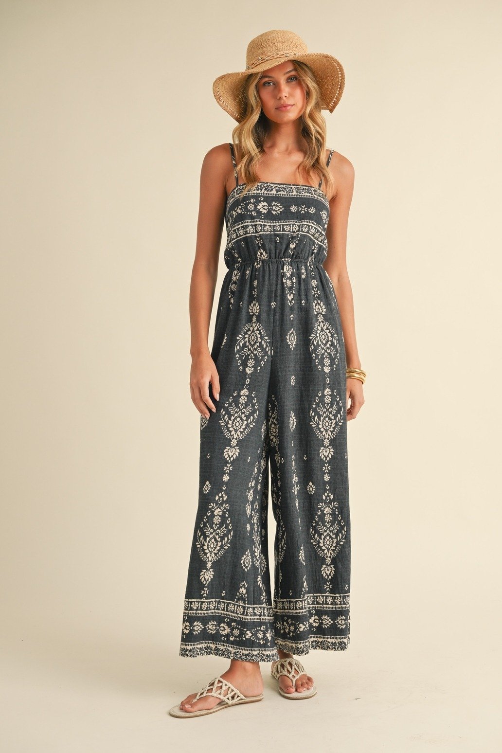 Bandana Print Wide Leg Jumpsuit Charcoal