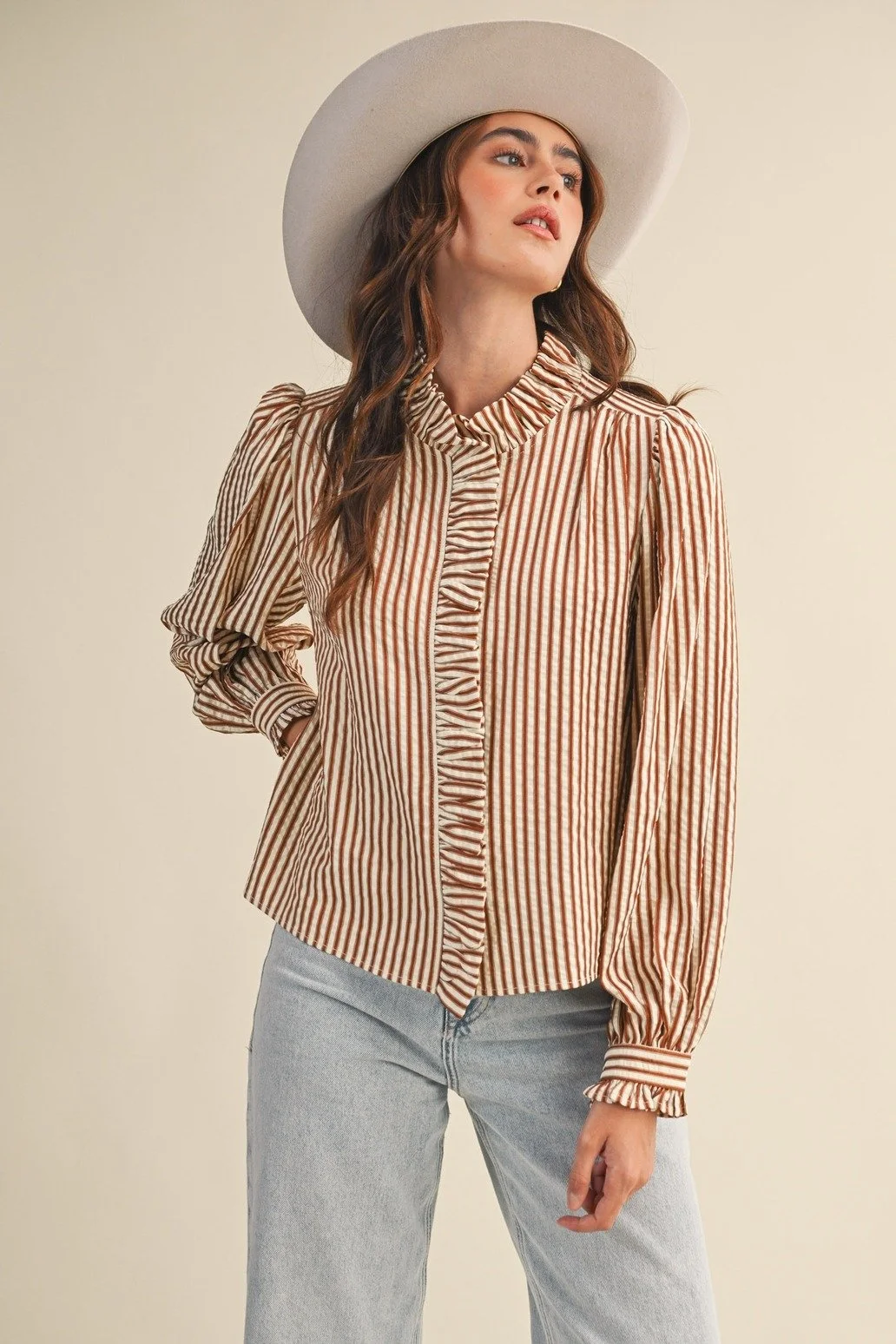 Ruffle Collar Button Front Blouse Pecan Ticking Stripe
