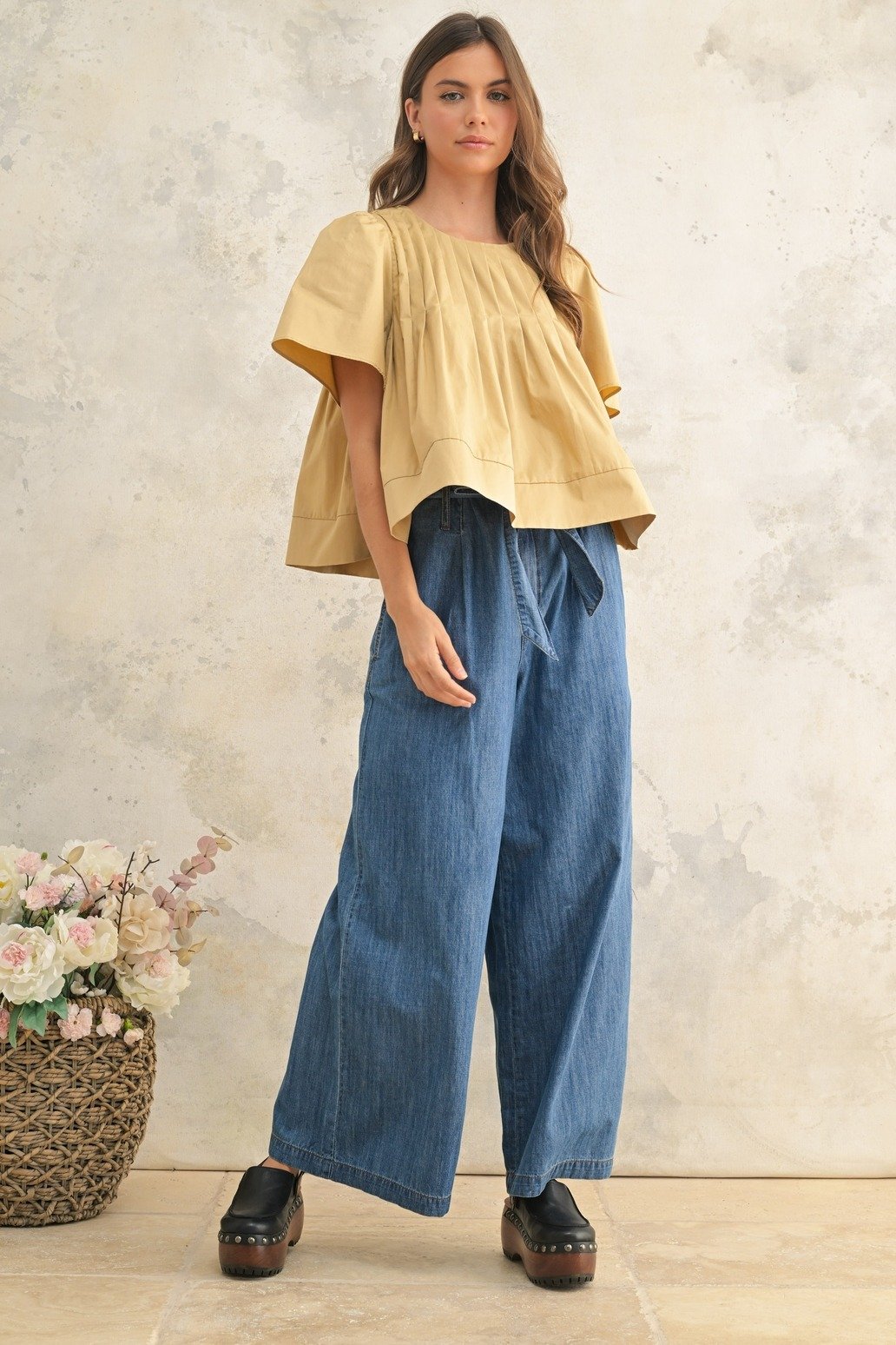 Pleated Front Short Sleeve Blouse Tan