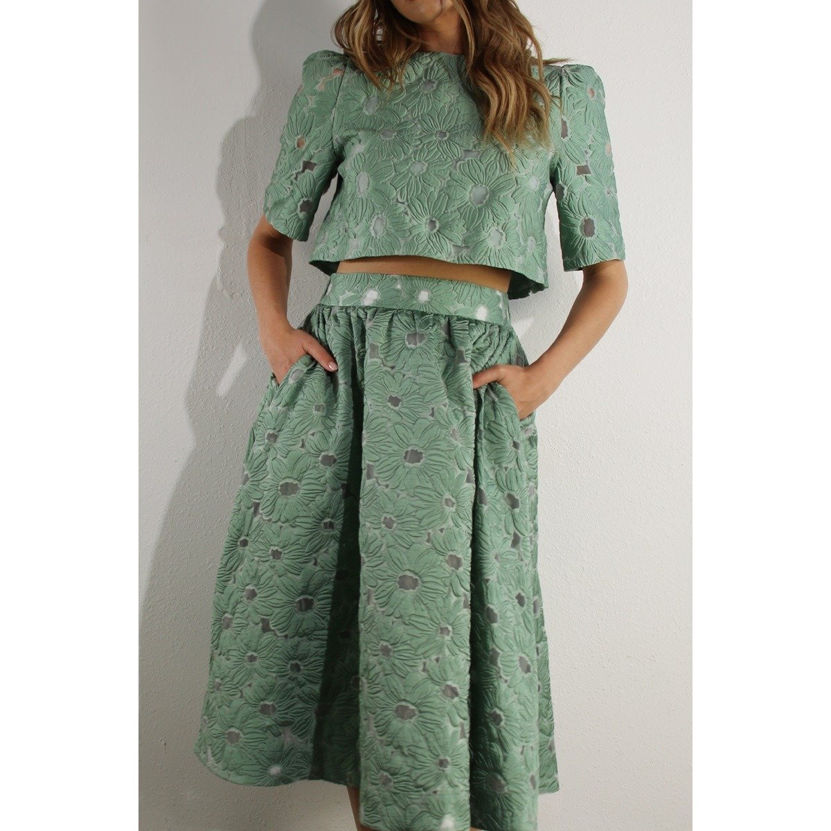 Floral Embossed Top & Skirt Set Mint
