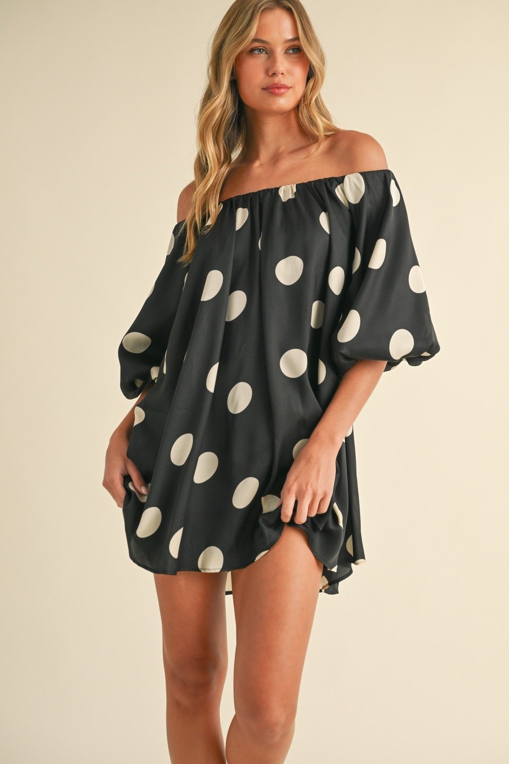 Polka Dot Balloon Sleeve Off-Shoulder Mini Dress Black & Cream