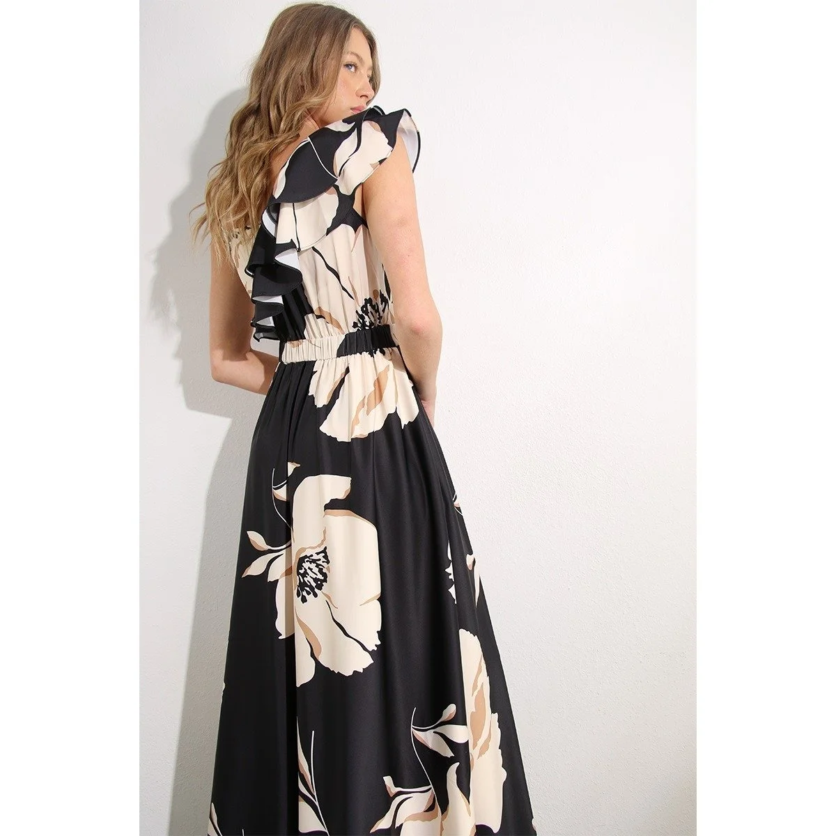 Ruffle Shoulder Floral Gown Black