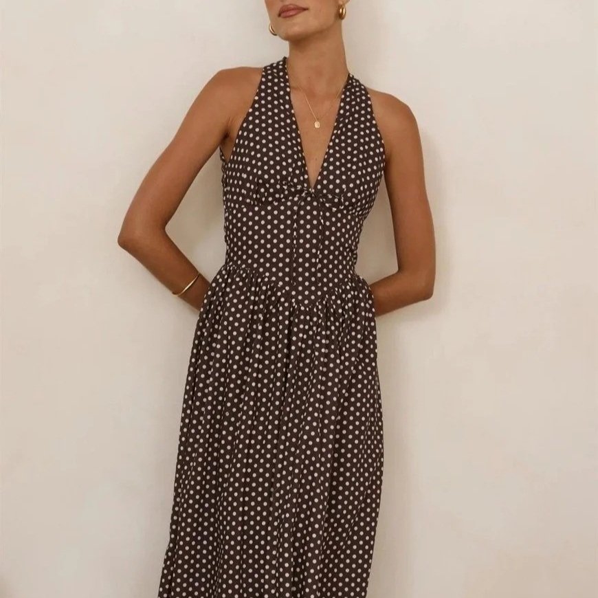Halter V-neck Maxi Dress Chocolate Polka Dot