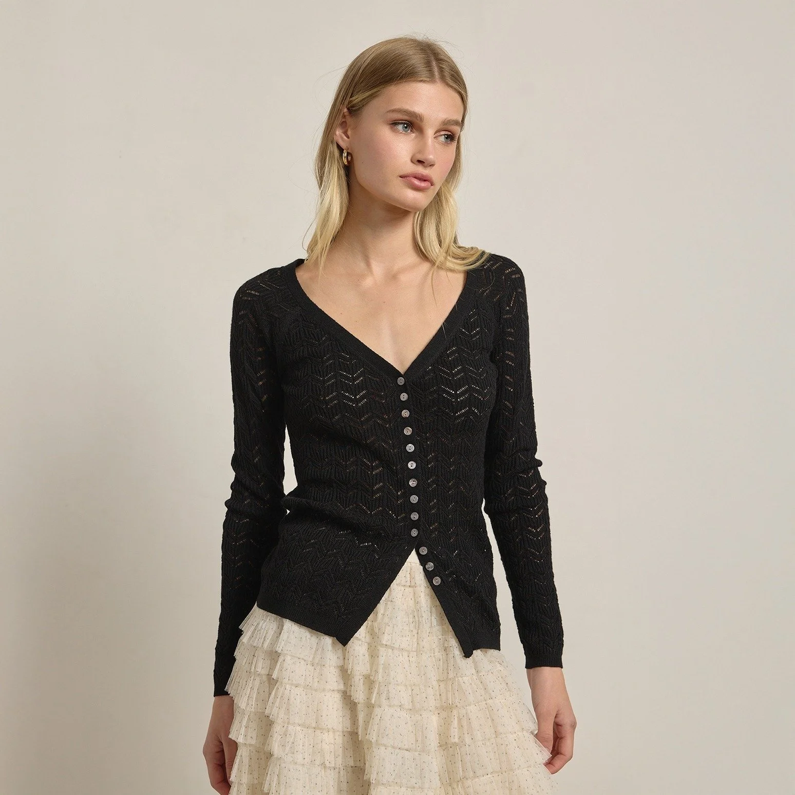 Pointelle V-neck Button Cardigan Black