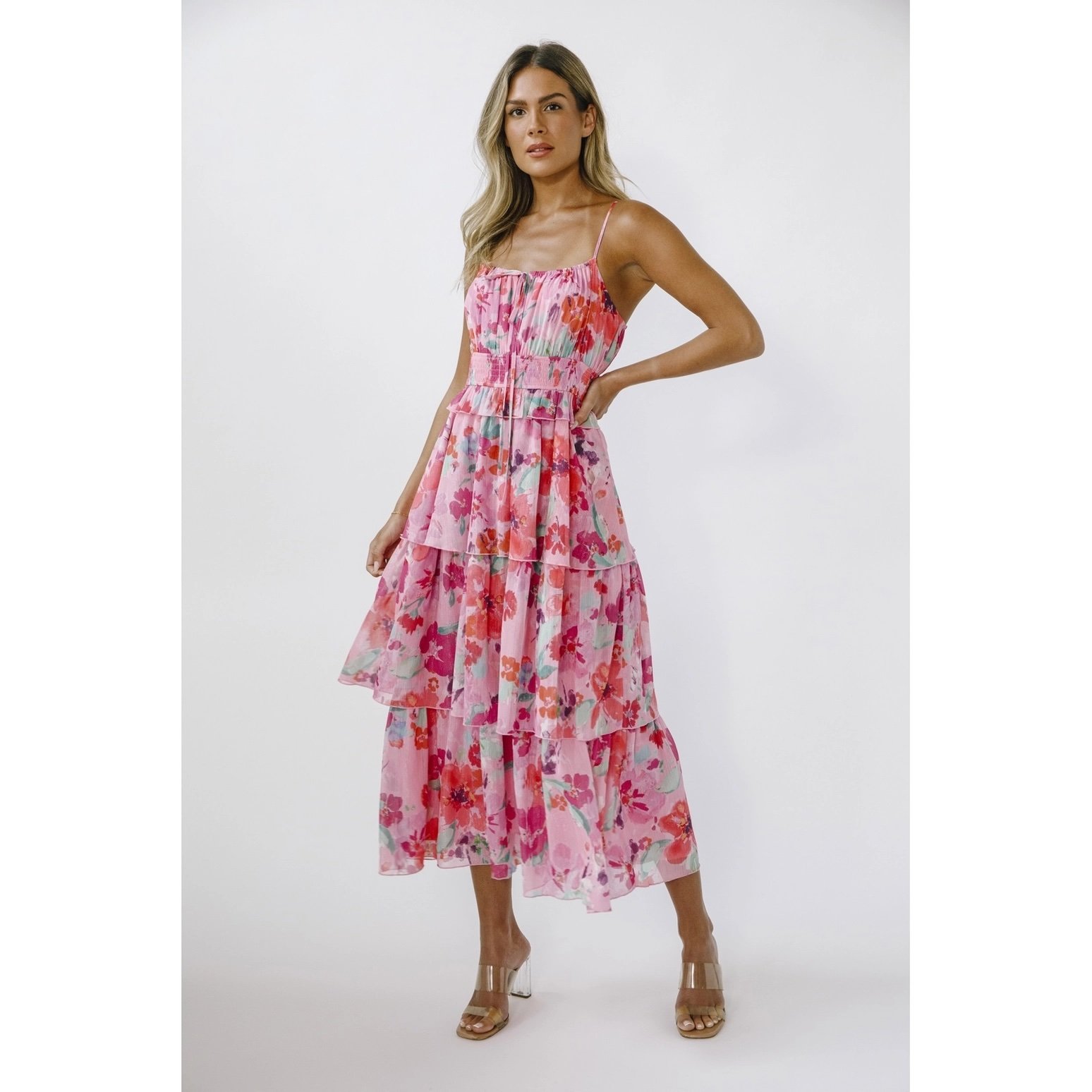 Ruffle Layered Midi Dress Pink Floral