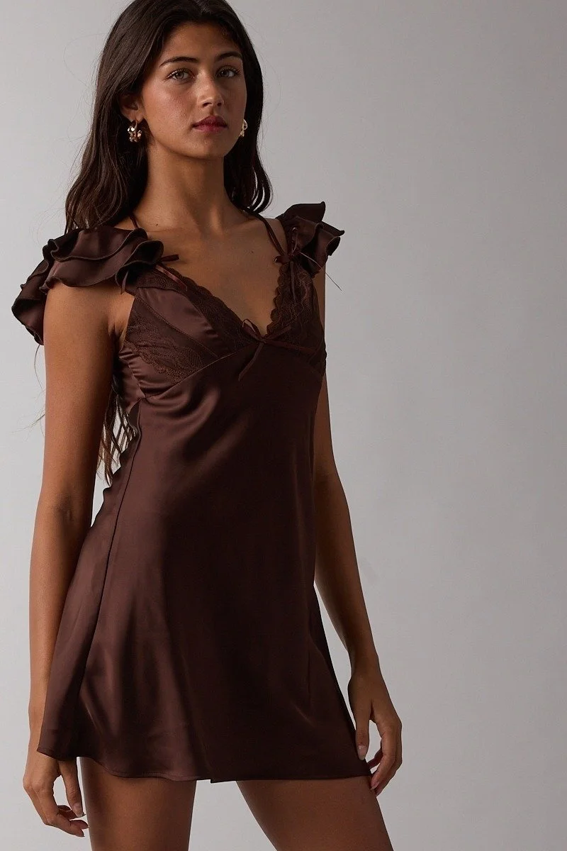 Ruffle & Lace Satin Slip Mini Dress Chocolate