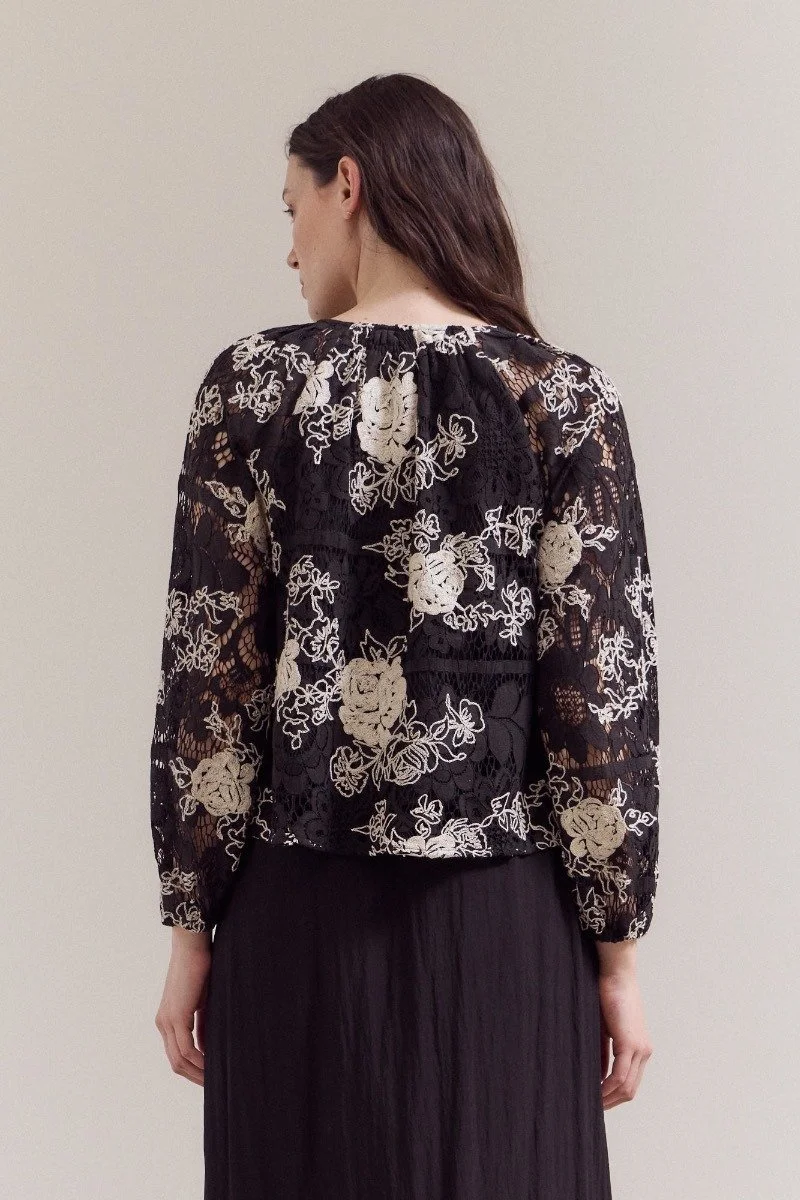 Button Front Lace Embroidered Blouse Black Floral