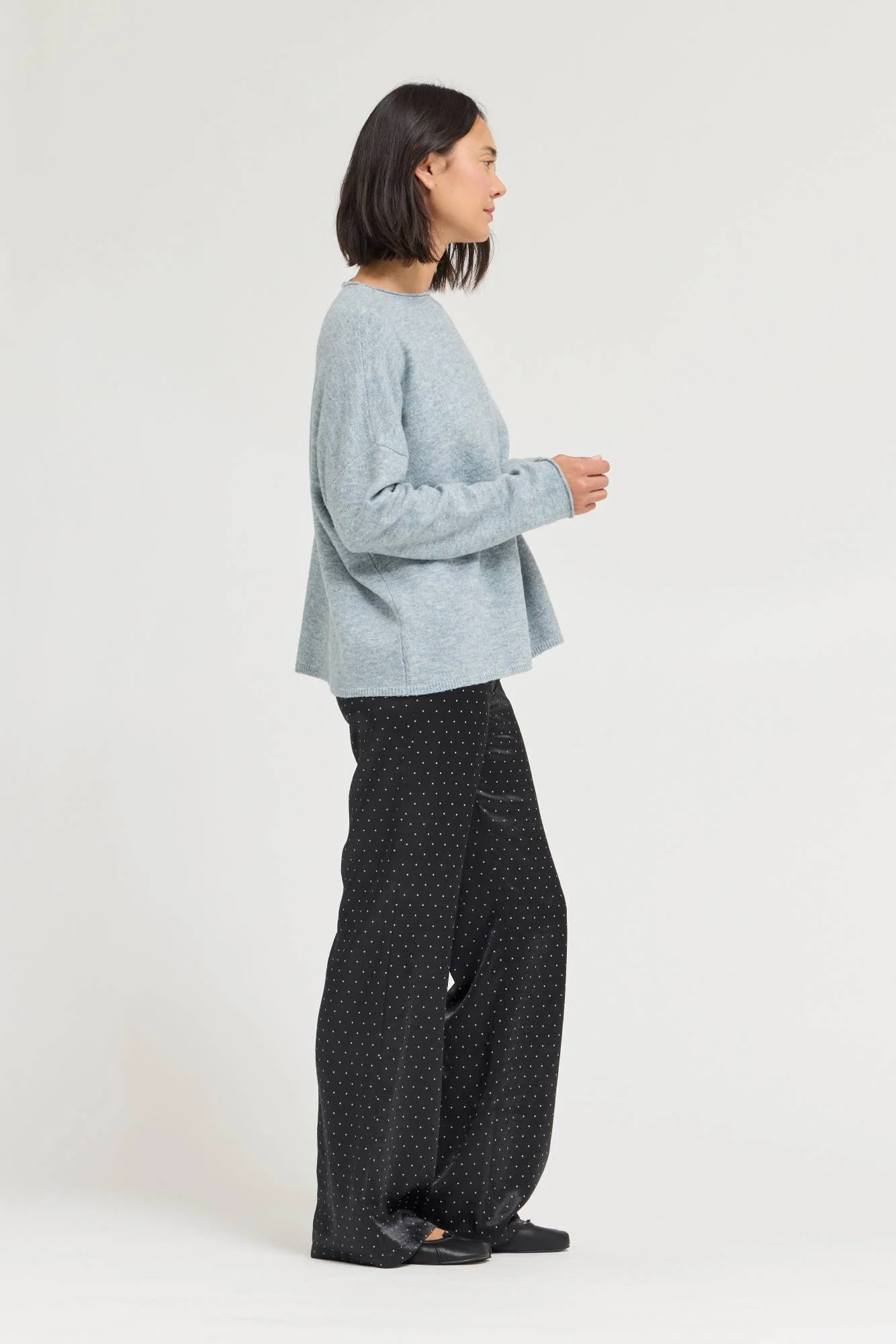 Back Button Boatneck Sweater Top Blue Grey