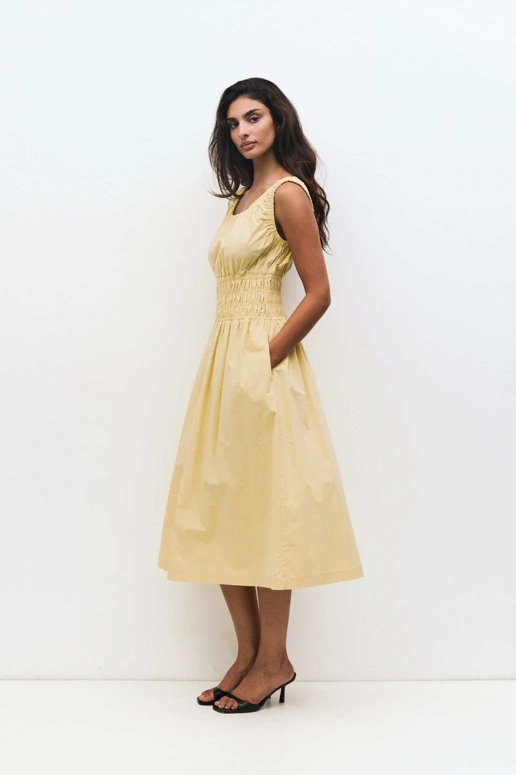 The Daniela Shirred Midi Dress Yellow