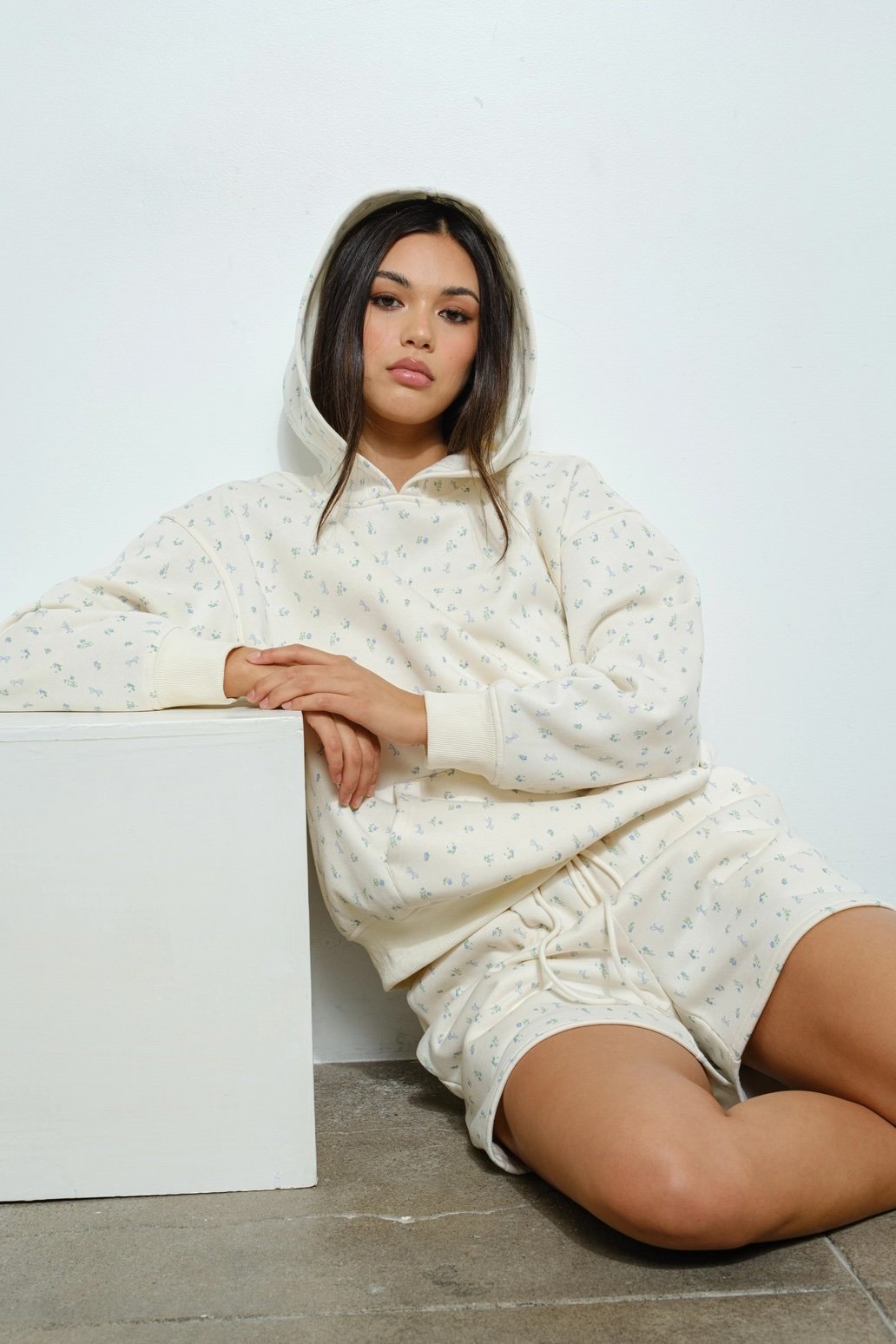 Floral Bow Print Hoodie Baby Blue (Copy)