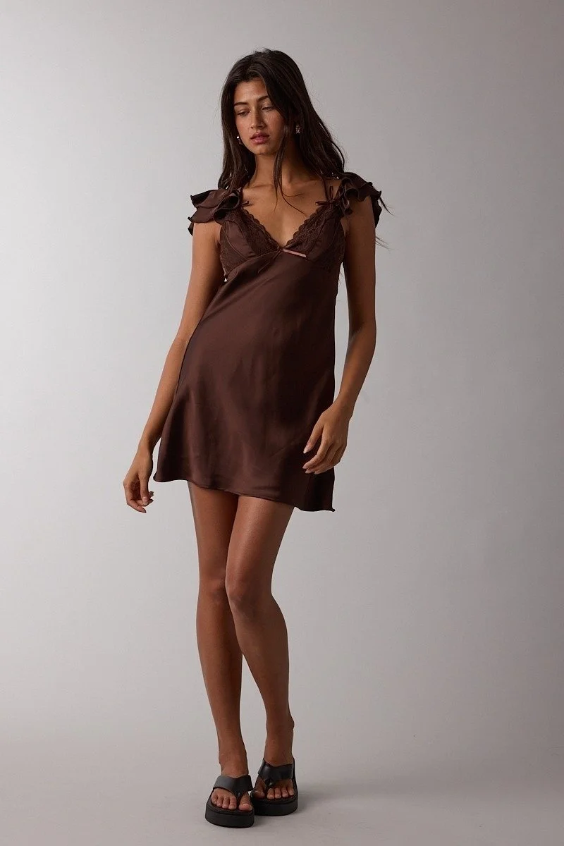 Ruffle & Lace Satin Slip Mini Dress Chocolate