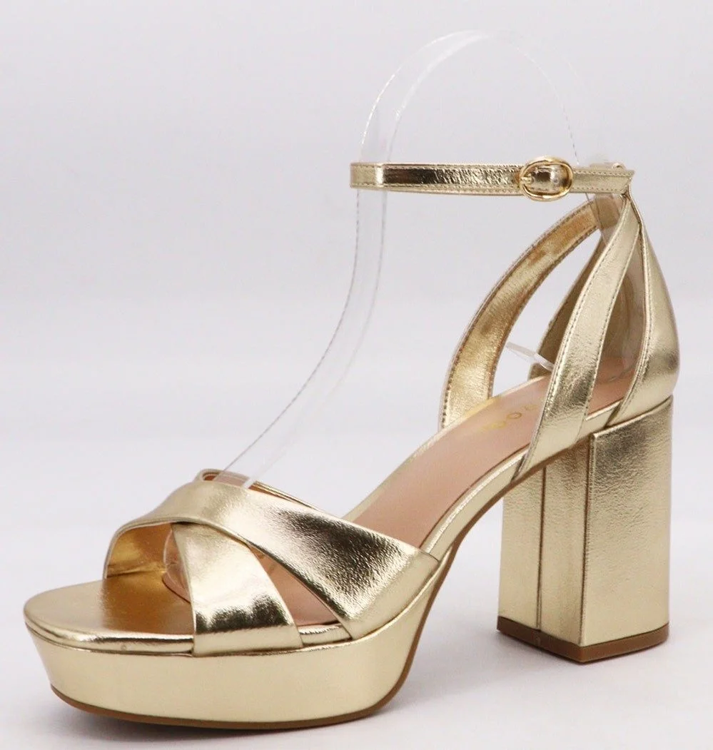 Cross-Toe Platform Block Heels Gold Metallic