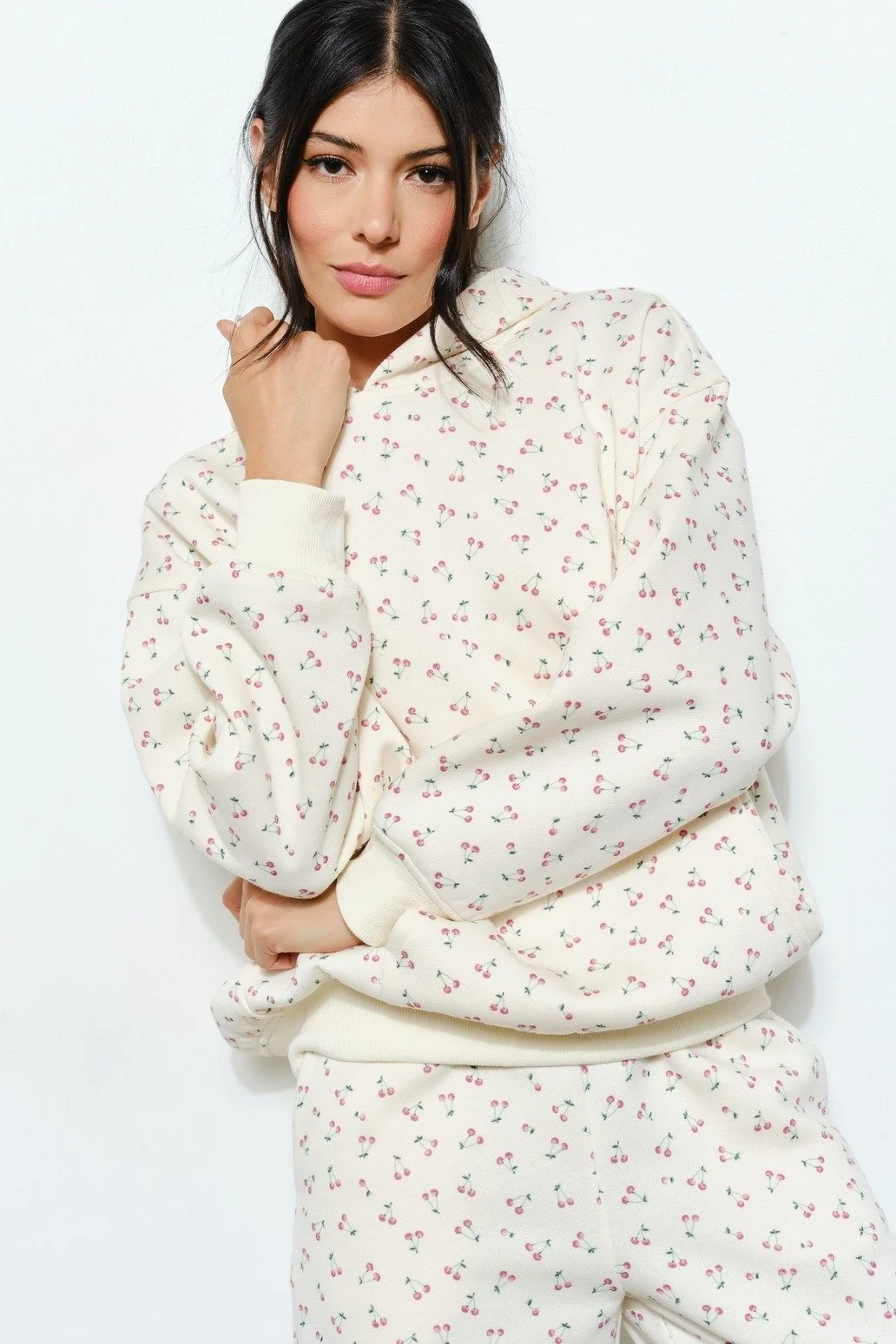 Beverly Cherry Print Hoodie Cream