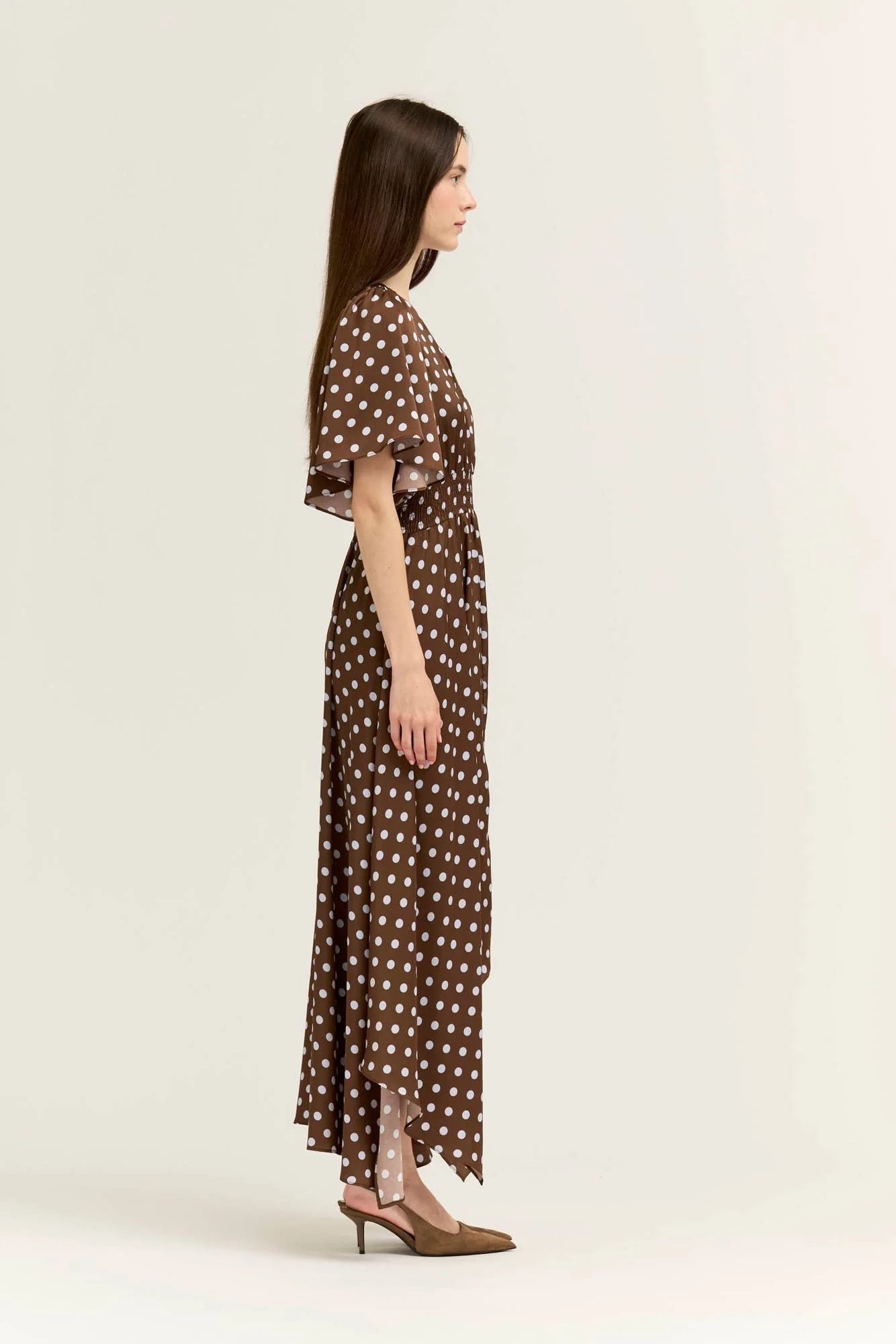 V-neck Handkerchief Hem Satin Gown Chocolate & Blue Polka
