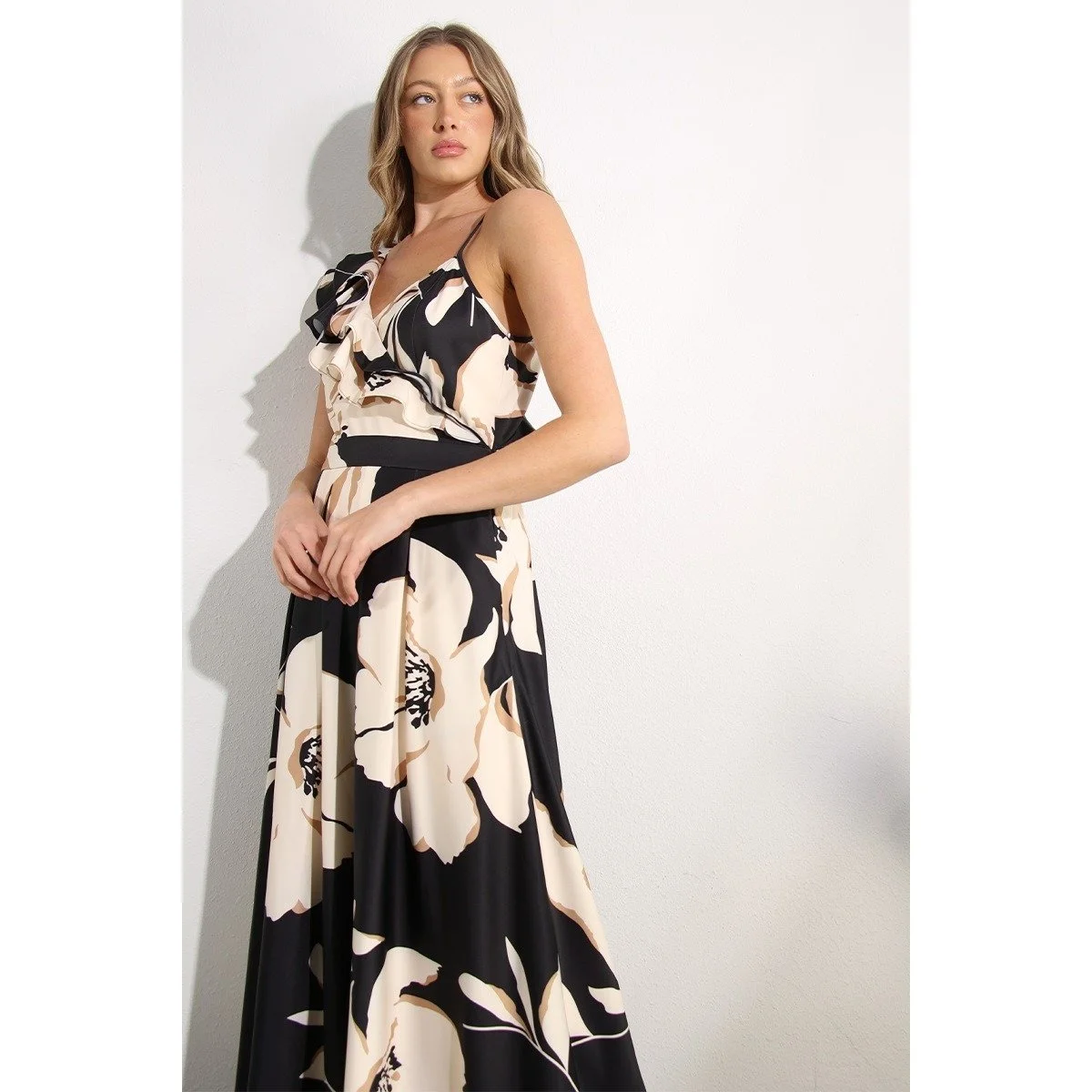 Ruffle Shoulder Floral Gown Black
