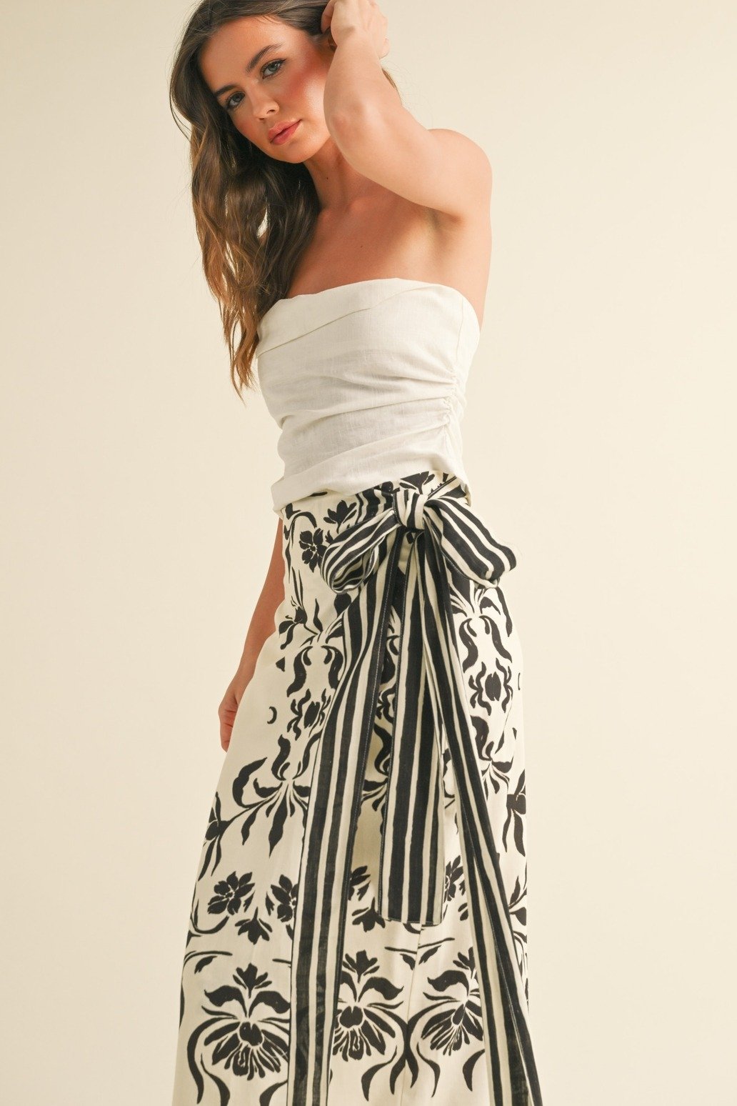 Floral Linen Wrap Skirt Cream & Black