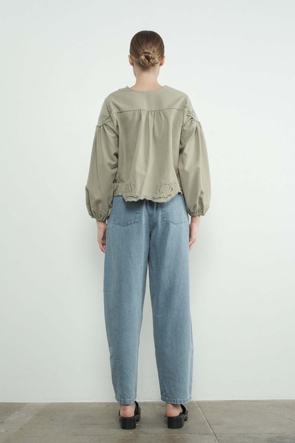 Embroidered Flower V-neck Button Blouse Olive