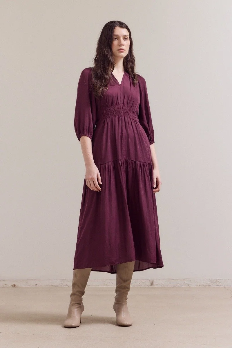 3/4 Sleeve Satin Midi Dress Plum Wine