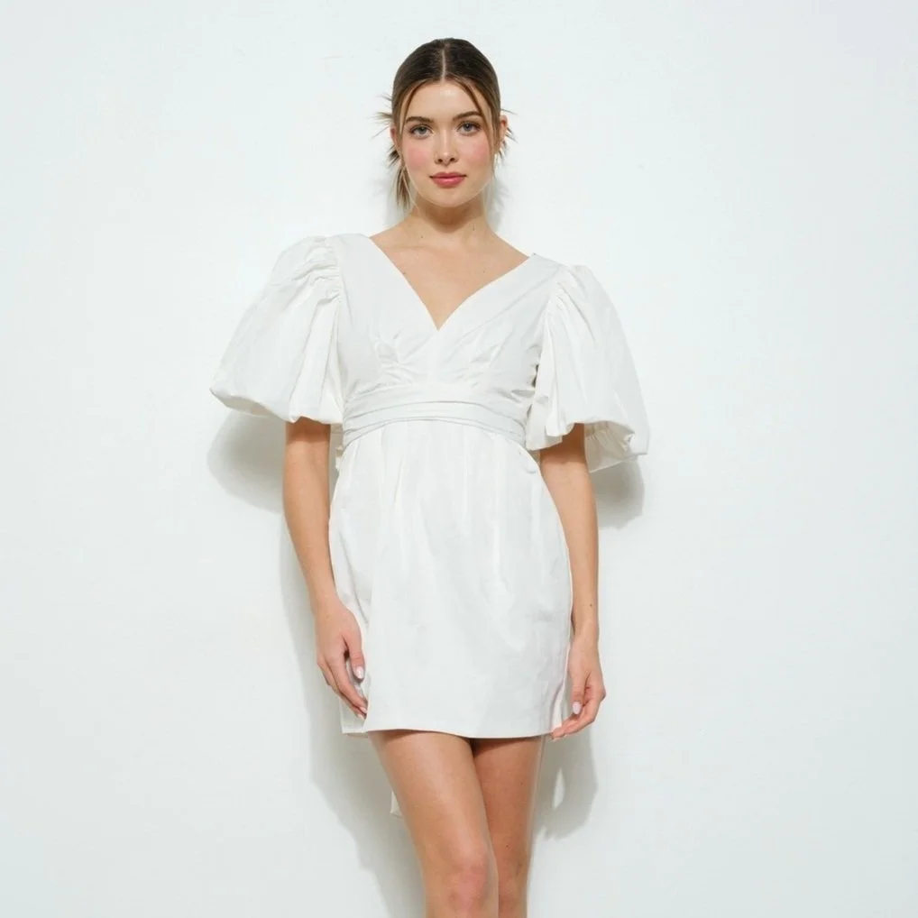 Puff Sleeve Bow Back Mini Dress White