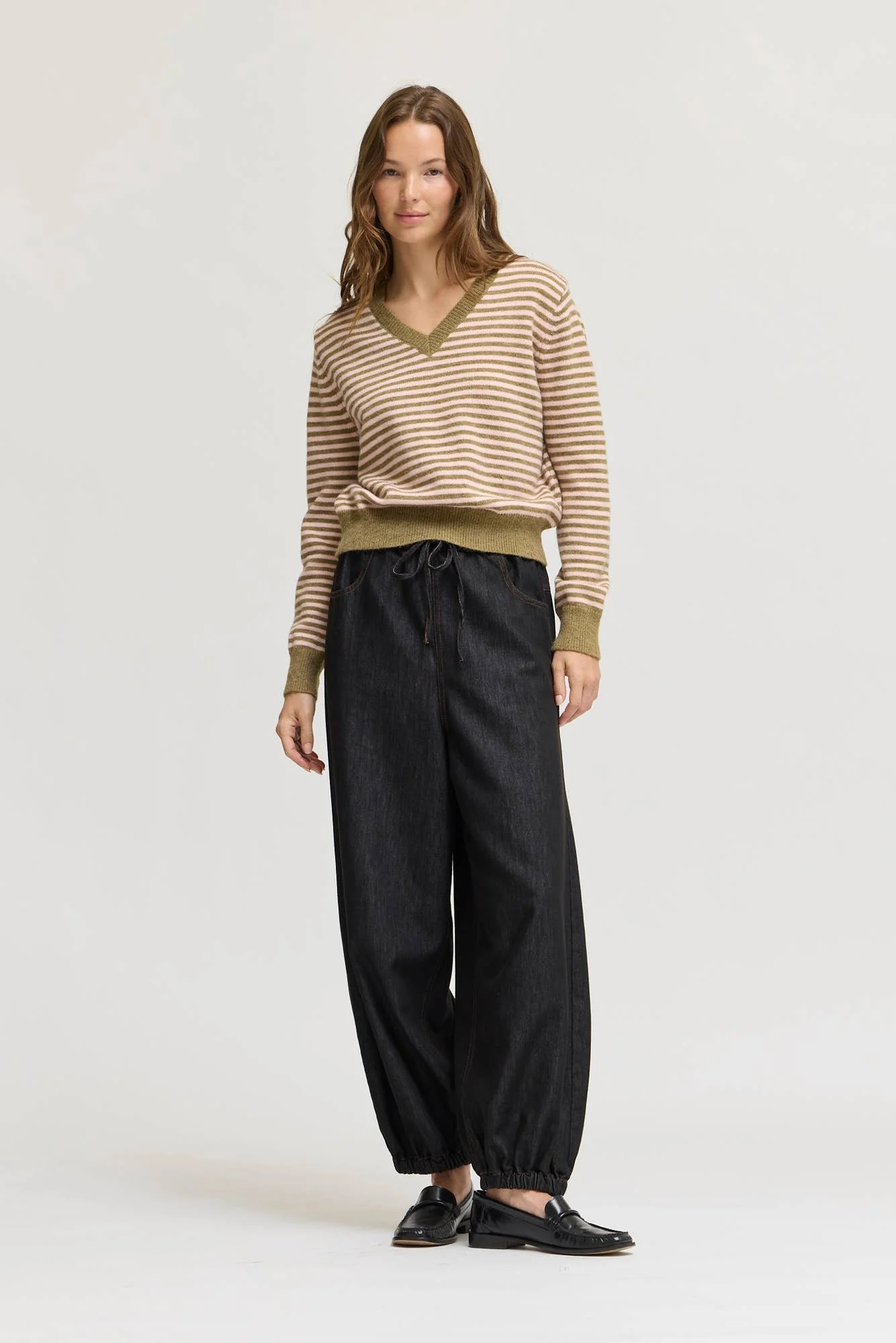 Striped V-neck Banded Sweater Dry Sage & Pink