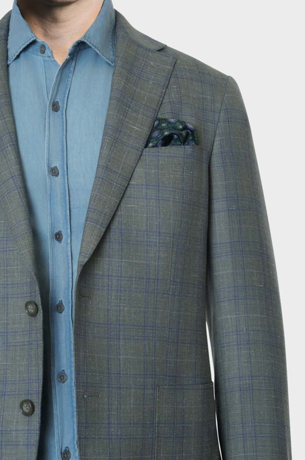 Notch Lapel Sport Coat Wool/Silk/Linen - Olive/Blue Plaid - 6308