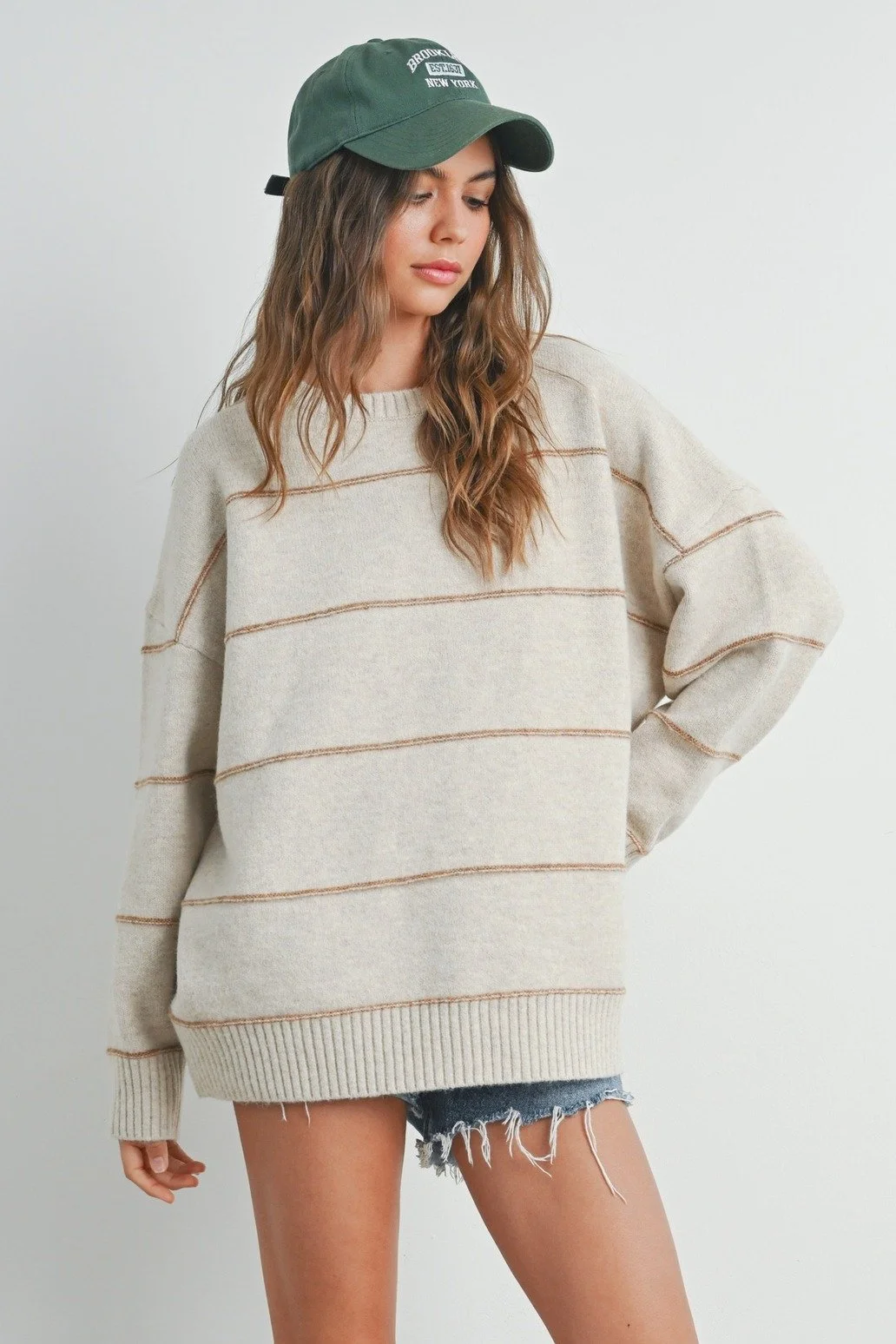 Relaxed Drop Shoulder Sweater Taupe Stripe