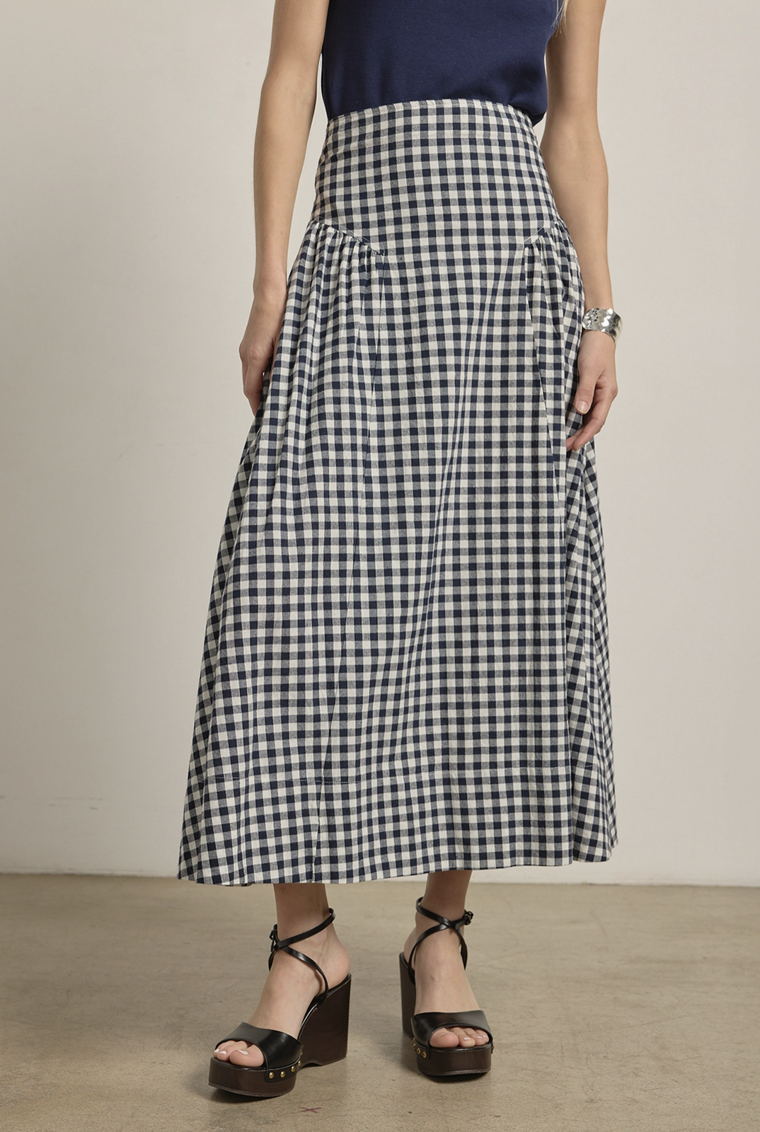Hip Pleat Midi Skirt Navy Gingham