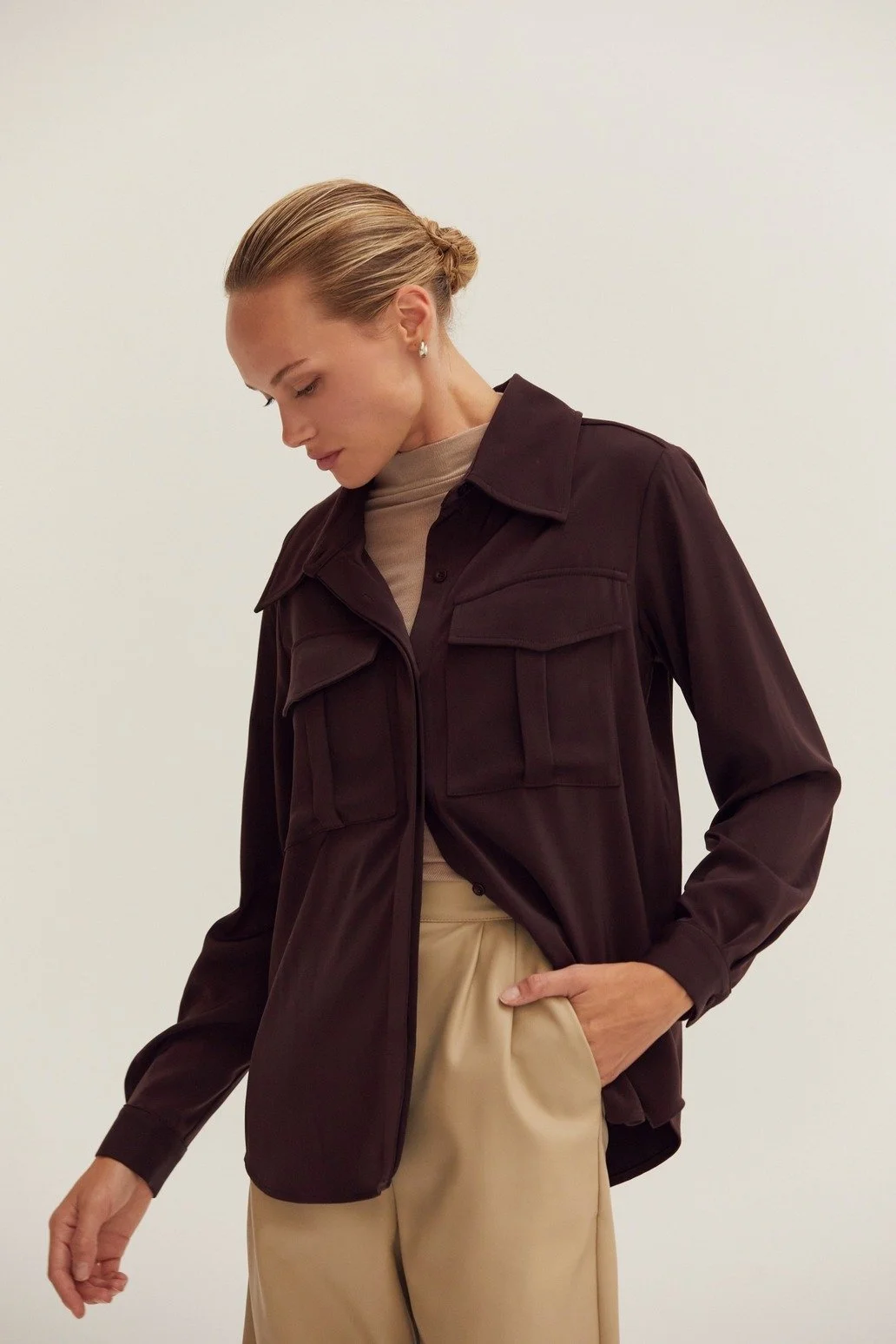 Neveah Cargo Pocket Button Blouse Merlot