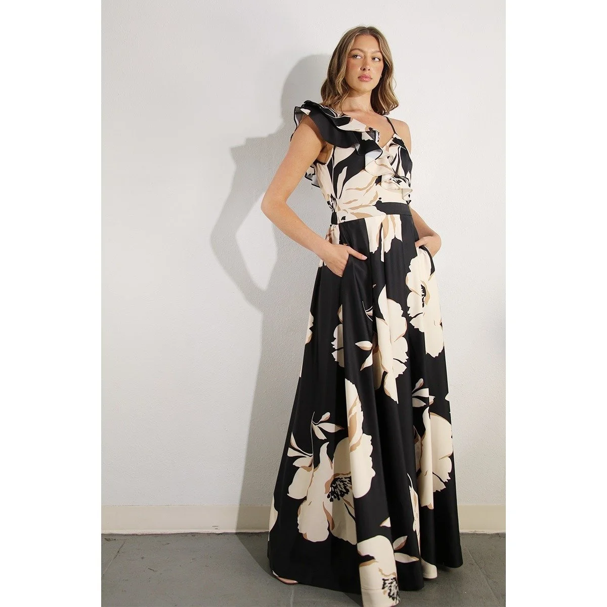Ruffle Shoulder Floral Gown Black