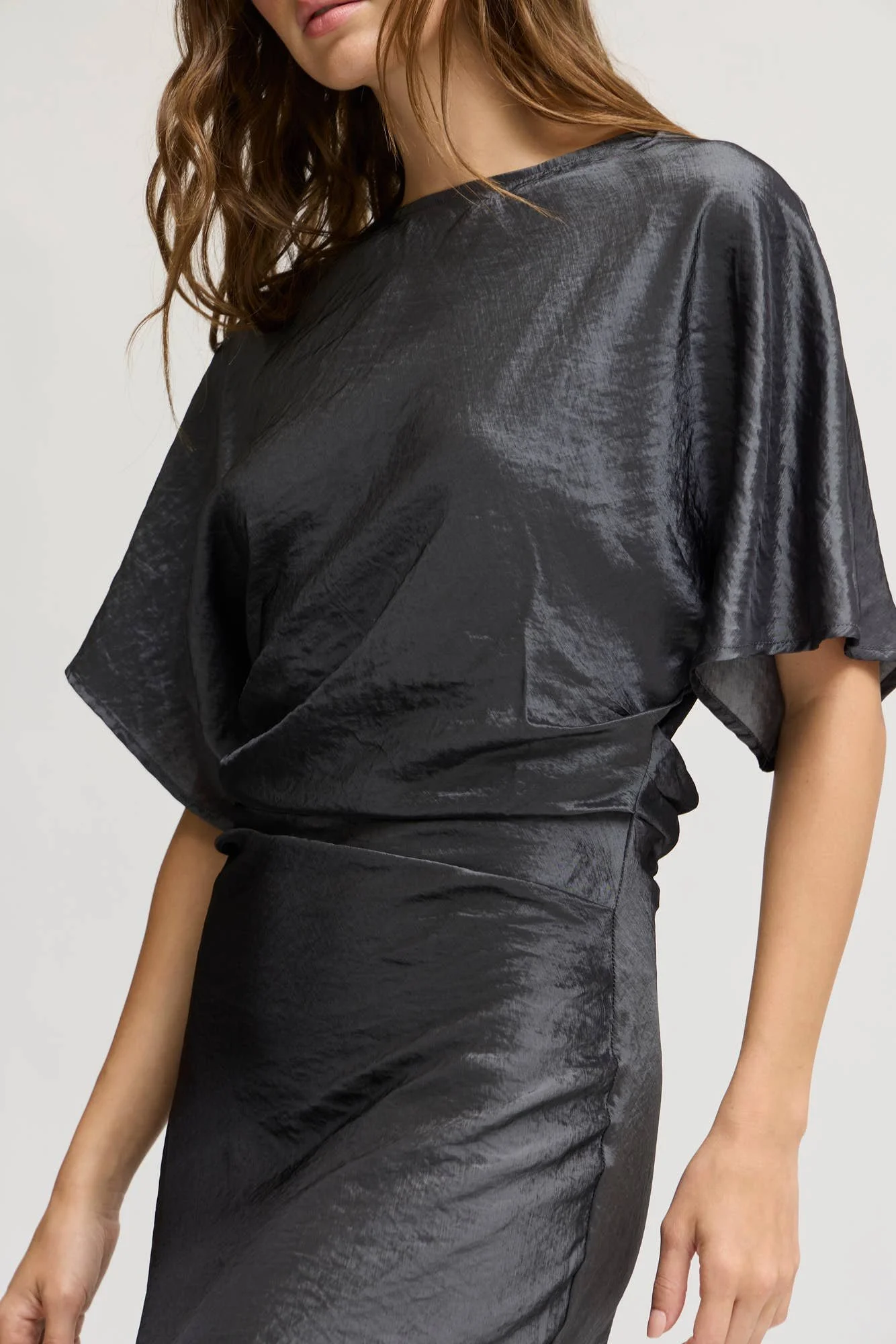 Ruched Waist Satin Midi Dress Granite