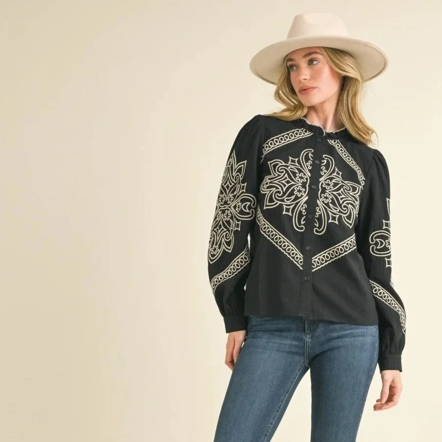 Western Embroidered Puff Sleeve Button Blouse Black