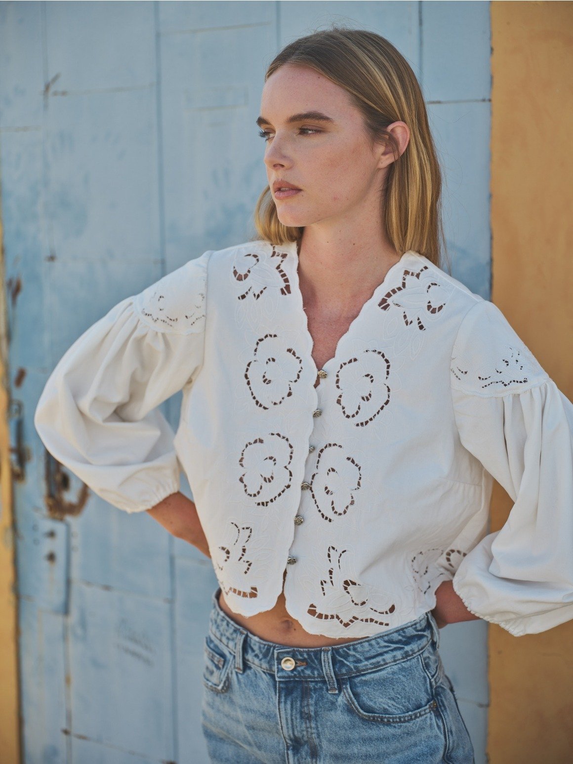 Embroidered Flower V-neck Button Blouse White