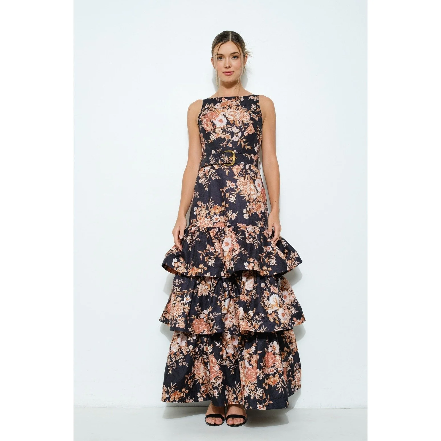 Sleeveless Tiered Trumpet Dress Black Floral