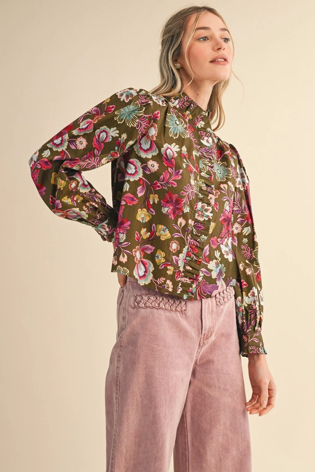 Ruffle Collar Button Blouse Olive Floral